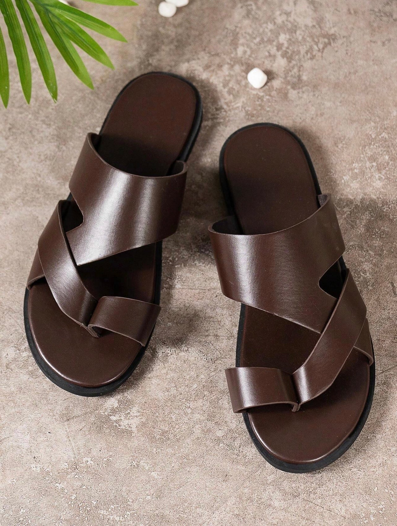 Men’s Open toe leather Slippers - Brown