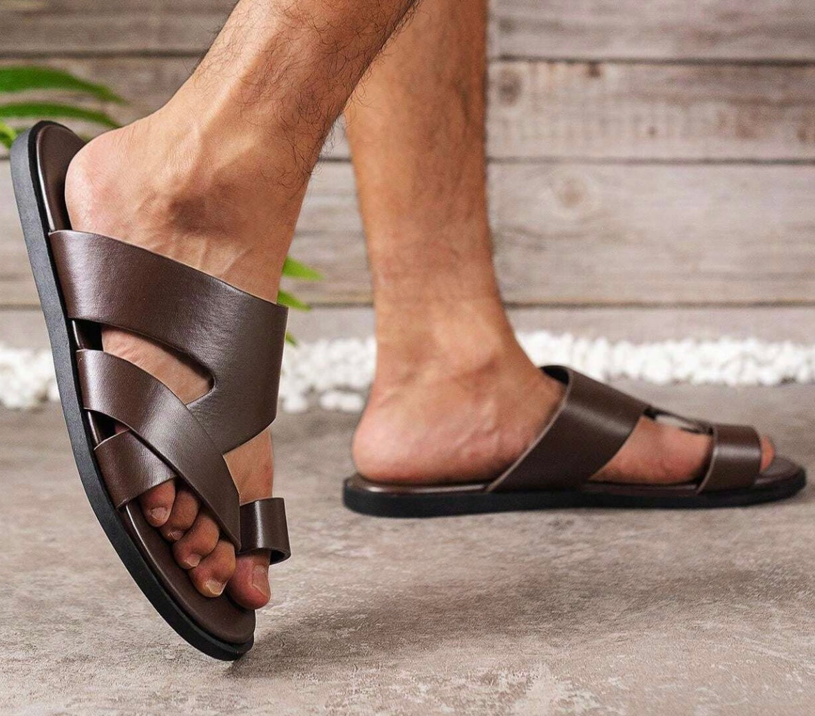 Men’s Open toe leather Slippers - Brown