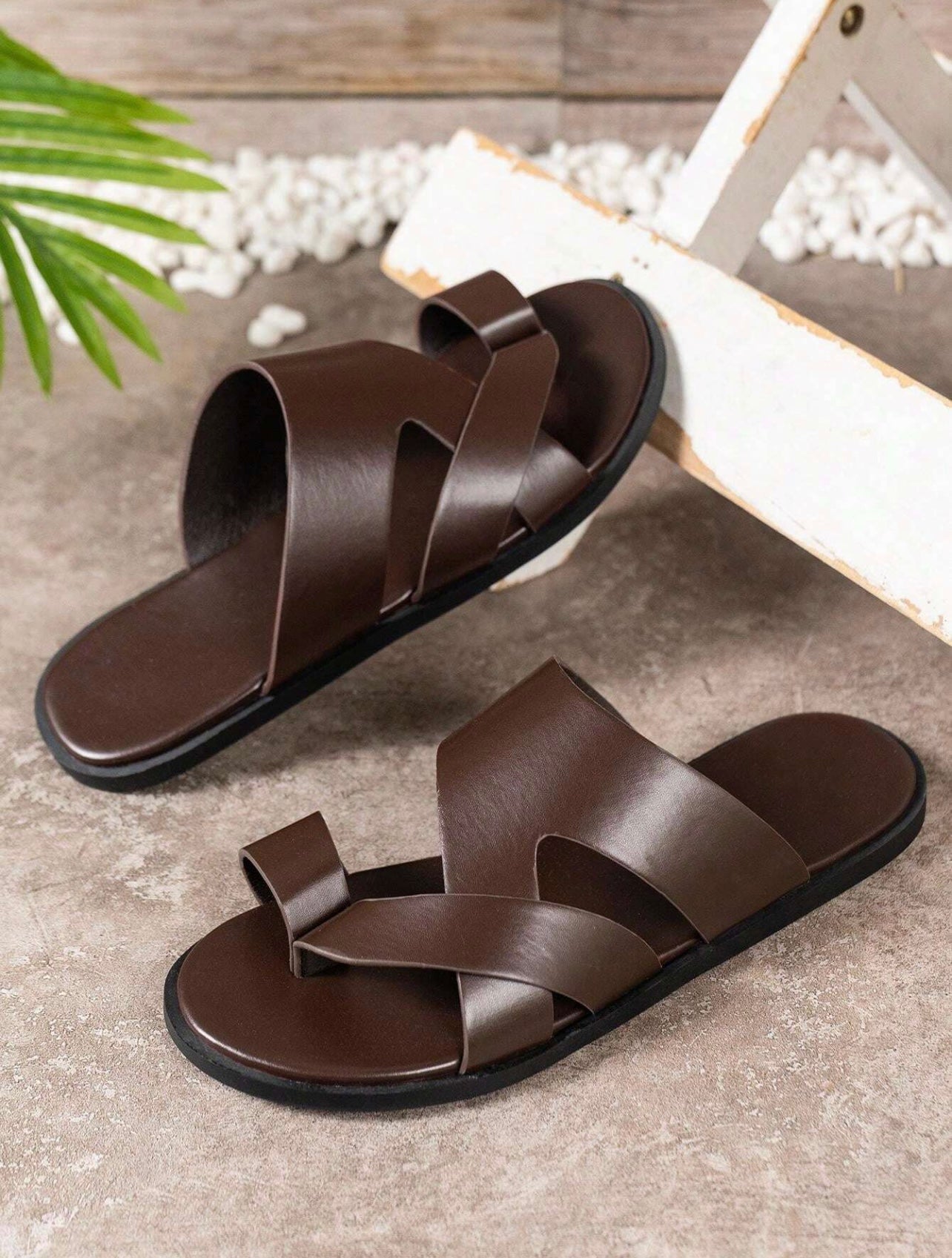 Men’s Open toe leather Slippers - Brown