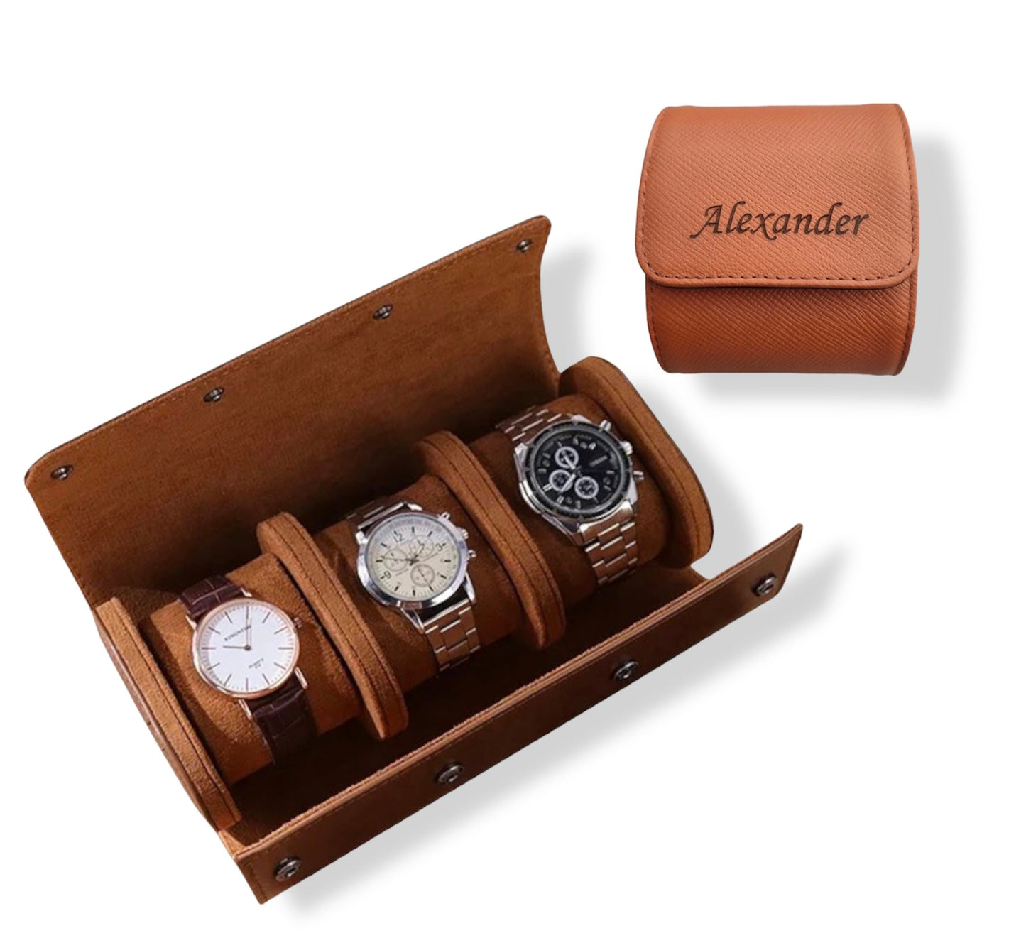 Brown 3-slot Engraved Watch roll